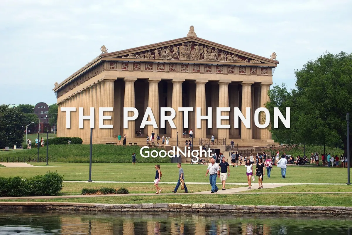 A lively exterior view of the Parthenon replica in Centennial Park, with people walking through green lawns and a reflective pond in the foreground. The scene is bright and active, conveying a sense of family-friendly outdoor exploration.