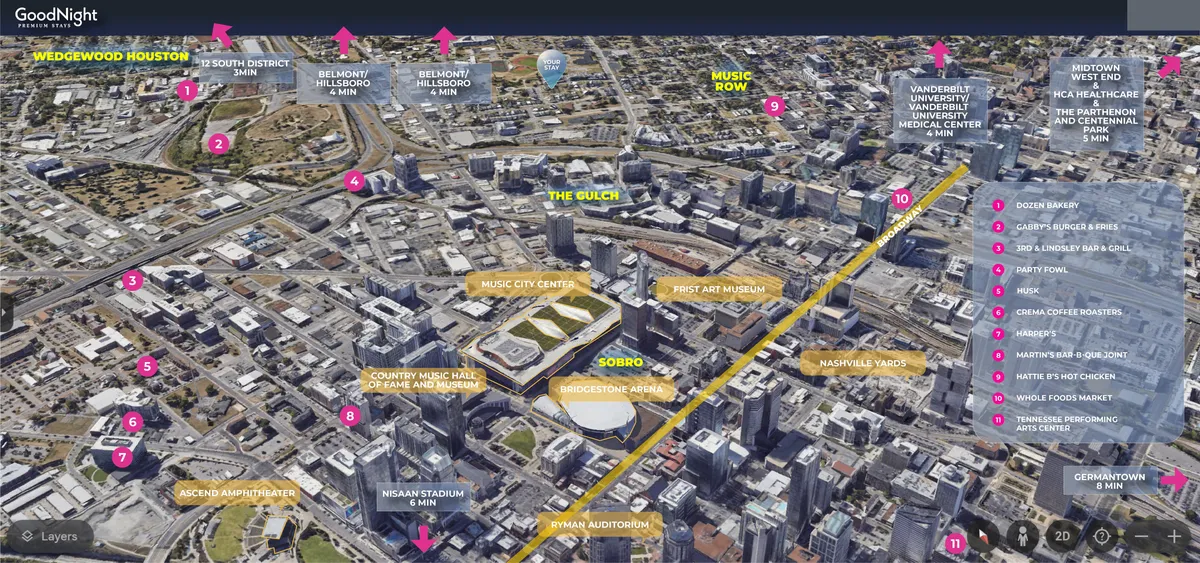 This city view captures the Music City Center, First Art Museum, Nissan Stadium, and Ascend Amphitheater, showcasing the vibrant downtown area. The energy of concerts, museums, and corporate offices is visible, highlighting proximity to major business and cultural destinations.